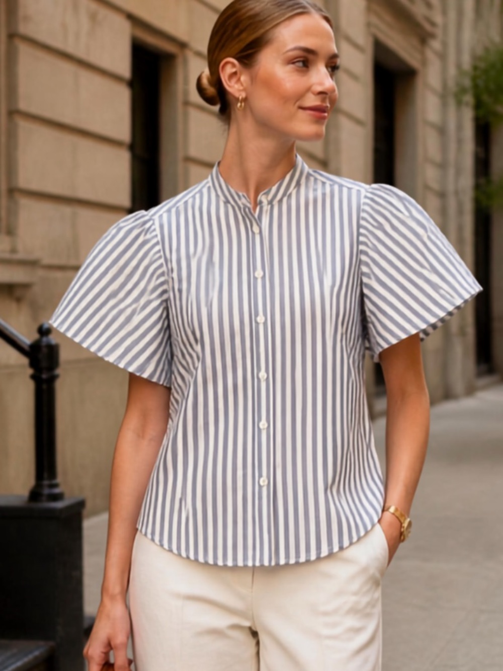 NWT kate spade Blue & White Striped Puff Sleeve Button Front Shirt XS